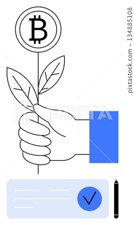 Cryptocurrency growth, financial investment, blockchain technology, economic success, eco-friendly finance, secure transactions. Hand holding Bitcoin plant with leaves and document verification 134885108