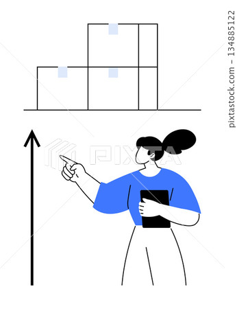 Logistics, inventory management, business growth, supply chain planning, product distribution, warehouse operations. Woman holding a tablet pointing to stacked boxes and a growth arrow. Logistics Logistics, inventory management, business growth, supply chain planning, product distribution, warehouse operations. Woman holding a tablet pointing to stacked boxes and a growth arrow. Logistics 134885122