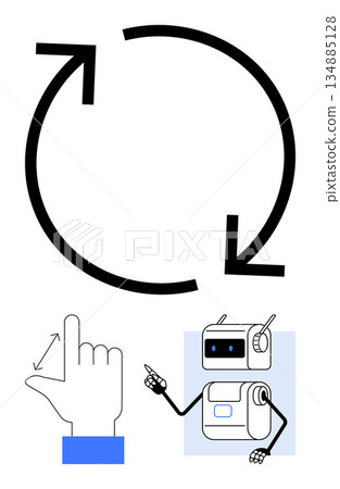 Workflow, automation, robotics, gesture instructions, user interaction, cyclic processes. Circular arrows, hand gestures and a cartoon robot. Workflow and automation visualization 134885128