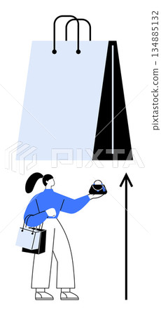 E-commerce, retail sales, online shopping, customer engagement, consumer behavior, and business growth. Woman holding purse by a shopping bag and arrow. E-commerce and retail sales 134885132