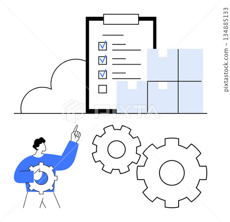 Task planning, operational efficiency, logistics, teamwork, production, organization. A checklist clipboard, boxes gears and worker. Task planning and operational efficiency visually Task planning, operational efficiency, logistics, teamwork, production, organization. A checklist clipboard, boxes gears and worker. Task planning and operational efficiency visually 134885133