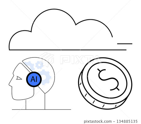 Artificial intelligence, cloud computing, financial technology, innovation, data storage, economic solutions. Human profile with AI, cloud icon and dollar coin. AI and cloud computing concept Artificial intelligence, cloud computing, financial technology, innovation, data storage, economic solutions. Human profile with AI, cloud icon and dollar coin. AI and cloud computing concept 134885135