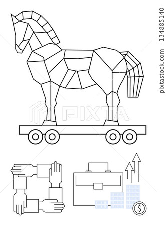 Cybersecurity, teamwork, financial strategy, data protection, corporate growth, risk management. Geometric Trojan horse, hands linked briefcase arrows and coin stack. Cybersecurity and teamwork Cybersecurity, teamwork, financial strategy, data protection, corporate growth, risk management. Geometric Trojan horse, hands linked briefcase arrows and coin stack. Cybersecurity and teamwork 134885140