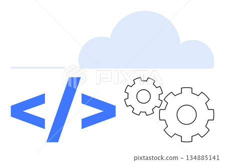 Cloud computing, software development, data management, application design, programming tools, IT services. Blue cloud with code brackets and gears. Cloud computing and software development concept Cloud computing, software development, data management, application design, programming tools, IT services. Blue cloud with code brackets and gears. Cloud computing and software development concept 134885141