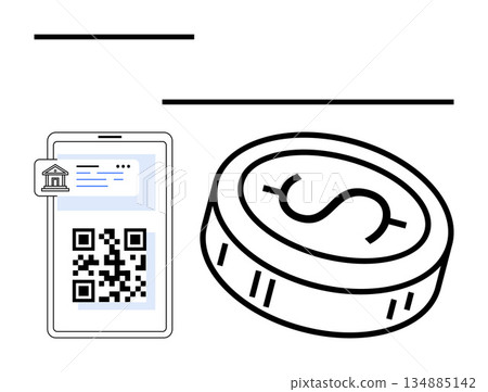 Digital payments, online banking, ecommerce, contactless transactions, financial technology, smartphone apps. A smartphone displaying a QR code, bank icon and a currency coin. Digital payments 134885142