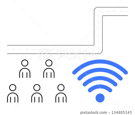 Network connectivity, digital communication, internet access, community engagement, wireless technology, information sharing. A group of people icons near a wireless symbol. Network connectivity 134885143
