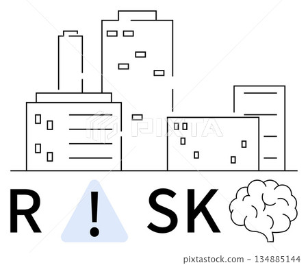 Urban planning, hazard evaluation, risk awareness, crisis management, human cognition, decision making. City buildings, exclamation alert and brain. Urban planning and hazard evaluation concept 134885144