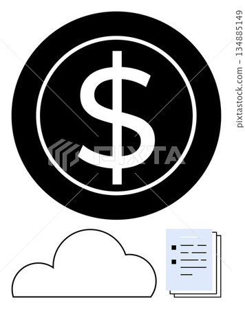 Online finance, cloud computing, digital services, financial management, data storage, virtual money. Black dollar symbol above a cloud and document icons. Online finance and cloud computing concept Online finance, cloud computing, digital services, financial management, data storage, virtual money. Black dollar symbol above a cloud and document icons. Online finance and cloud computing concept 134885149