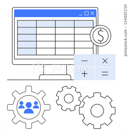 Budgeting tools, financial planning, team operations, process automation, data analysis, workflow efficiency. Spreadsheet with features, money symbol calculation icons and gears. Financial planning 134885150