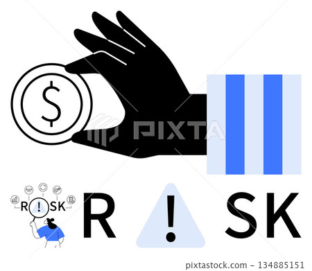 Financial stability, risk management, cybersecurity, economic analysis, decision-making, warning signs. A hand holds a coin with symbols thumbs up a warning triangle and RISK text elements. Financial Financial stability, risk management, cybersecurity, economic analysis, decision-making, warning signs. A hand holds a coin with symbols thumbs up a warning triangle and RISK text elements. Financial 134885151