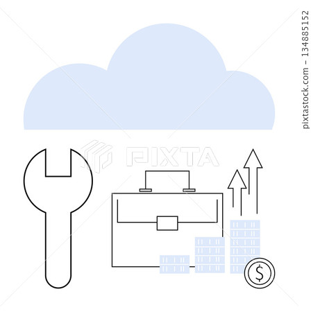 Cloud computing, data management, business tools, financial strategies, growth analytics, cloud storage. Visual of a cloud, wrench briefcase and financial graph. Cloud computing and data management Cloud computing, data management, business tools, financial strategies, growth analytics, cloud storage. Visual of a cloud, wrench briefcase and financial graph. Cloud computing and data management 134885152