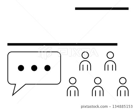 Communication, teamwork, education, leadership, public speaking, group dynamics. A speech bubble with dots and six people icons. Communication and teamwork concept 134885153