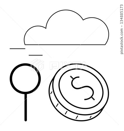 Cloud storage, fintech, digital payment systems, online transactions, technology services, virtual economy. Cloud, coin and magnifying glass elements. Cloud storage and fintech conceptual imagery Cloud storage, fintech, digital payment systems, online transactions, technology services, virtual economy. Cloud, coin and magnifying glass elements. Cloud storage and fintech conceptual imagery 134885173