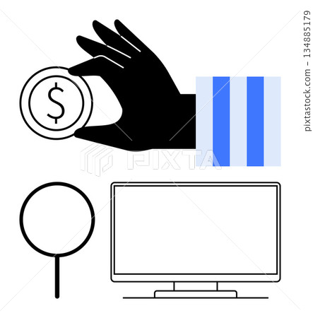 Online shopping, financial transactions, e-commerce, money management, consumer technology, digital research. Hand with coin, monitor and magnifying glass. Online shopping and financial transactions Online shopping, financial transactions, e-commerce, money management, consumer technology, digital research. Hand with coin, monitor and magnifying glass. Online shopping and financial transactions 134885179