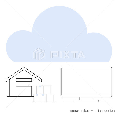 Cloud storage, logistics management, technology solutions, supply chain, data accessibility, digital platforms. A cloud above a warehouse, boxes and a computer. Cloud storage and logistics 134885184