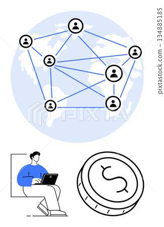 Global communication, digital economy, remote work, online payment, technology integration, financial systems. A network of connected icons over a globe, user with laptop and coin. Digital economy 134885185
