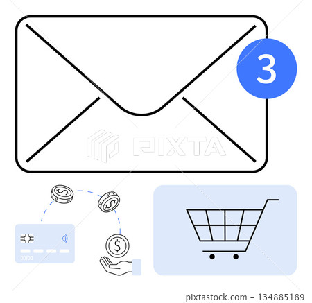 Email notifications, e-commerce, online transactions, message alerts, digital payment, shopping cart. Envelope icon with notification badge, card payment shopping cart symbols. Message alerts Email notifications, e-commerce, online transactions, message alerts, digital payment, shopping cart. Envelope icon with notification badge, card payment shopping cart symbols. Message alerts 134885189