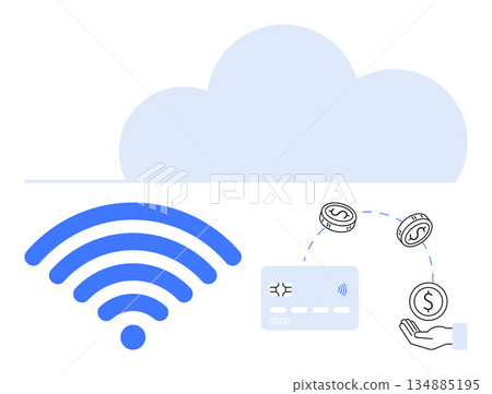Online payments, wireless transactions, fintech, financial technology, network services, digital banking. wireless symbol, credit card coins and a hand with currency. Online payments and wireless 134885195