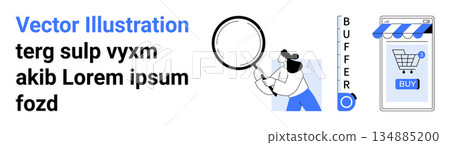 E-commerce, online shopping, mobile transactions, digital marketing, search optimization, consumer behavior. Woman holding a magnifying glass, shopping cart icon on mobile screen. Online shopping E-commerce, online shopping, mobile transactions, digital marketing, search optimization, consumer behavior. Woman holding a magnifying glass, shopping cart icon on mobile screen. Online shopping 134885200
