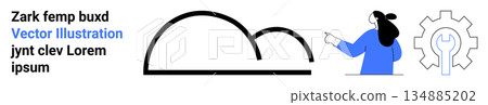 Technology, teamwork, communication, problem-solving, creative workflow, innovation. Abstract shapes, human figure pointing at a gear and stylized design elements. Technology and teamwork Technology, teamwork, communication, problem-solving, creative workflow, innovation. Abstract shapes, human figure pointing at a gear and stylized design elements. Technology and teamwork 134885202