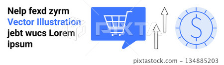 Online shopping, business growth, financial analysis, data trends, marketing, economic performance. Shopping cart in speech bubble, arrows and dollar coin. Online shopping and business growth Online shopping, business growth, financial analysis, data trends, marketing, economic performance. Shopping cart in speech bubble, arrows and dollar coin. Online shopping and business growth 134885203