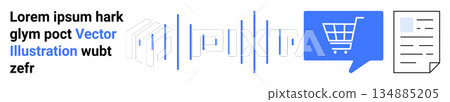 E-commerce, voice recognition, data exchange, digital marketing, online shopping, technology. Visual of a speech waveform, shopping cart icon and document. E-commerce and voice recognition E-commerce, voice recognition, data exchange, digital marketing, online shopping, technology. Visual of a speech waveform, shopping cart icon and document. E-commerce and voice recognition 134885205