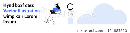 Remote work, online research, cloud computing, data analysis, digital technology, and online learning. Woman seated with laptop, hand holding magnifying glass cloud. Remote work and online research 134885210
