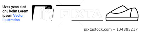 Organization, fashion design, creative ideas, minimalism, product development, abstract art. Black and white line art showing a file folder and a minimalist shoe design. Organization and fashion Organization, fashion design, creative ideas, minimalism, product development, abstract art. Black and white line art showing a file folder and a minimalist shoe design. Organization and fashion 134885217