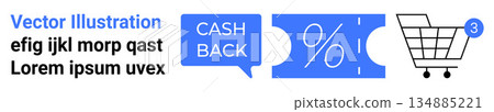 E-commerce, online shopping, discount offers, cashback deals, retail campaigns, customer engagement. Shopping cart with notification, cashback voucher percentage symbol. Online shopping and discount E-commerce, online shopping, discount offers, cashback deals, retail campaigns, customer engagement. Shopping cart with notification, cashback voucher percentage symbol. Online shopping and discount 134885221