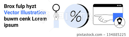 Business analytics, data verification, user identification, online research, financial insights, online browsing. A magnifying glass, percent symbol and browser with pointing hand icon. Business 134885225