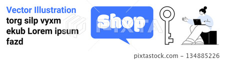 E-commerce, online security, digital transactions, shopping platforms, retail technology, secure access. Speech bubble with Shop, key icon woman on laptop. E-commerce and online security concept 134885226