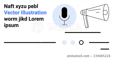Audio technology, marketing, broadcasting, communication tools, sound media, and content creation. Minimal design with microphone, megaphone and lines. Audio technology and marketing concept 134885228
