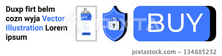 E-commerce, cybersecurity, online transactions, digital payments, technology, secure shopping. Shield with lock, digital card and buy button. Cybersecurity and online transactions concept E-commerce, cybersecurity, online transactions, digital payments, technology, secure shopping. Shield with lock, digital card and buy button. Cybersecurity and online transactions concept 134885232
