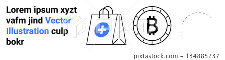 E-commerce, cryptocurrency, online payments, digital assets, healthcare shopping, futuristic commerce. Shopping bag with a health icon and Bitcoin coin graphic. E-commerce and cryptocurrency concept E-commerce, cryptocurrency, online payments, digital assets, healthcare shopping, futuristic commerce. Shopping bag with a health icon and Bitcoin coin graphic. E-commerce and cryptocurrency concept 134885237