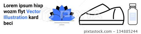 Wellness, fitness, minimalism, modern design, health care, mindfulness. Blue lotus flower, outlined sneaker medicine bottle. Wellness and fitness ideas presented through modern and clean symbols Wellness, fitness, minimalism, modern design, health care, mindfulness. Blue lotus flower, outlined sneaker medicine bottle. Wellness and fitness ideas presented through modern and clean symbols 134885244