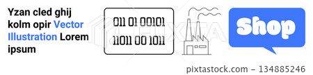 Digital technology, commerce, industry, online shopping, communication, binary data. Displays binary code, a factory and a shop icon in a blue speech bubble. Digital technology and commerce Digital technology, commerce, industry, online shopping, communication, binary data. Displays binary code, a factory and a shop icon in a blue speech bubble. Digital technology and commerce 134885246