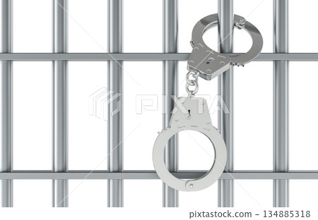 Handcuffs on prison bars - arrest concept, 3D rendering 134885318
