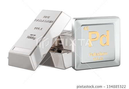 Palladium bars and Pd periodic table tile element symbol. 3D rendering 134885322