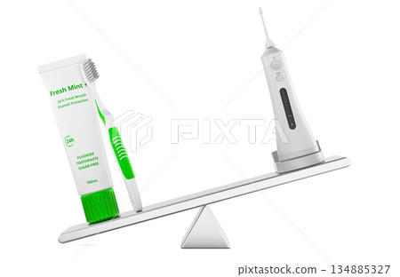 Toothbrush with toothpaste and water flosser. Dental hygiene balance concept. 3D rendering 134885327