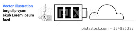 Renewable energy, data storage, cloud computing, technology innovation, energy efficiency, environmental awareness. Minimalist battery with cloud and circuit concept. Renewable energy and cloud 134885352