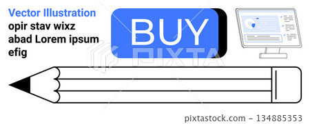 Online shopping, digital purchases, cybersecurity, design tools, technology integration, user experience. Buy button, computer screen pencil . Online shopping and digital purchases 134885353