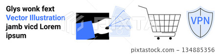 Digital privacy, internet shopping, secure payments, financial transactions, e-commerce technology, cybersecurity. Illustrations include a shield with VPN symbol, shopping cart, and banknotes 134885356