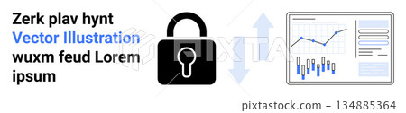 Cybersecurity, data protection, analytics, online privacy, access control, encryption. A lock icon beside a graphical chart. Cybersecurity and data protection visual 134885364