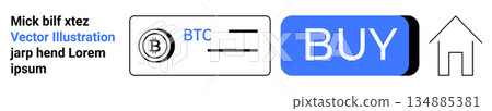 Cryptocurrency, e-commerce, blockchain technology, financial services, digital wallets, online payments. Bitcoin symbol, buy button and home icon . Cryptocurrency and e-commerce concepts Cryptocurrency, e-commerce, blockchain technology, financial services, digital wallets, online payments. Bitcoin symbol, buy button and home icon . Cryptocurrency and e-commerce concepts 134885381