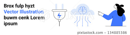 Artificial intelligence, brainpower, neural networks, innovation, technology, human interaction. A person points at a digital brain with circuits and a lightbulb icon with energy. AI and brainpower Artificial intelligence, brainpower, neural networks, innovation, technology, human interaction. A person points at a digital brain with circuits and a lightbulb icon with energy. AI and brainpower 134885386