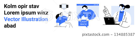 Business solutions, cash back systems, online feedback, customer relations, digital communication, and e-commerce strategies. Illustrated people with cash back sign, phone and computer. Business Business solutions, cash back systems, online feedback, customer relations, digital communication, and e-commerce strategies. Illustrated people with cash back sign, phone and computer. Business 134885387