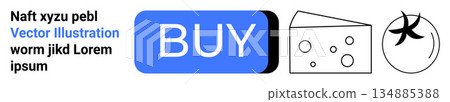 E-commerce, food industry, marketing, branding, buying, minimalism. A blue BUY button alongside a cheese wedge and a star illustration. E-commerce and food industry concept E-commerce, food industry, marketing, branding, buying, minimalism. A blue BUY button alongside a cheese wedge and a star illustration. E-commerce and food industry concept 134885388