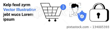 Online shopping, e-commerce, security, privacy, identity verification, data protection. Shopping cart, a lock and a shield with a person and verification tick. Online shopping and security concept Online shopping, e-commerce, security, privacy, identity verification, data protection. Shopping cart, a lock and a shield with a person and verification tick. Online shopping and security concept 134885393