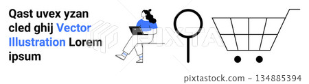 E-commerce, digital research, product browsing, online shopping, consumer behavior, internet lifestyle. Woman seated with laptop, magnifying glass shopping cart. E-commerce and digital research E-commerce, digital research, product browsing, online shopping, consumer behavior, internet lifestyle. Woman seated with laptop, magnifying glass shopping cart. E-commerce and digital research 134885394