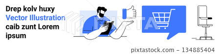 E-commerce, digital communication, customer interaction, shopping interface, business tools, online platforms. Person holding a tablet, cart symbol thumbs up icon and furniture graphic. E-commerce E-commerce, digital communication, customer interaction, shopping interface, business tools, online platforms. Person holding a tablet, cart symbol thumbs up icon and furniture graphic. E-commerce 134885404